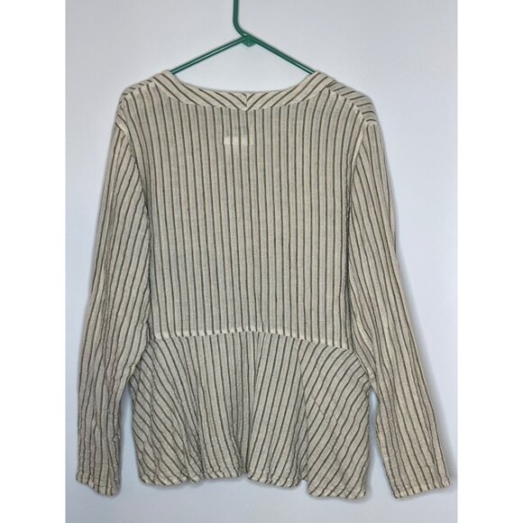 Flax Linen Button Front‎ Jacket Shacket Textured Stripe Knit Cream Green Medium - Picture 6 of 7